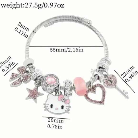 Hello Kitty Charm Bracelet Adjustable Bangle with Dangle Charms Pink & Silver - Picture 4 of 5
